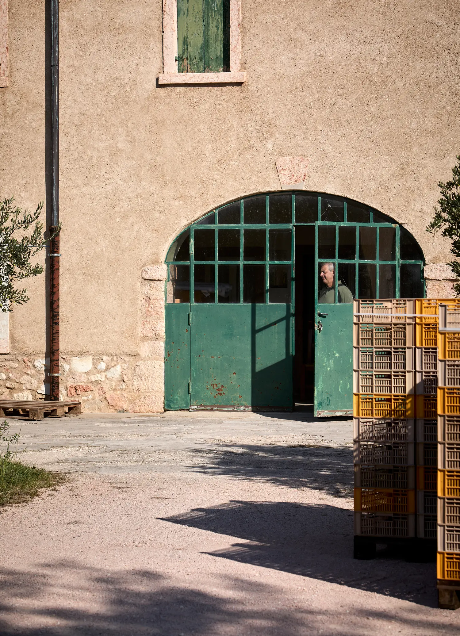 uomo che esce dal portone della cantina