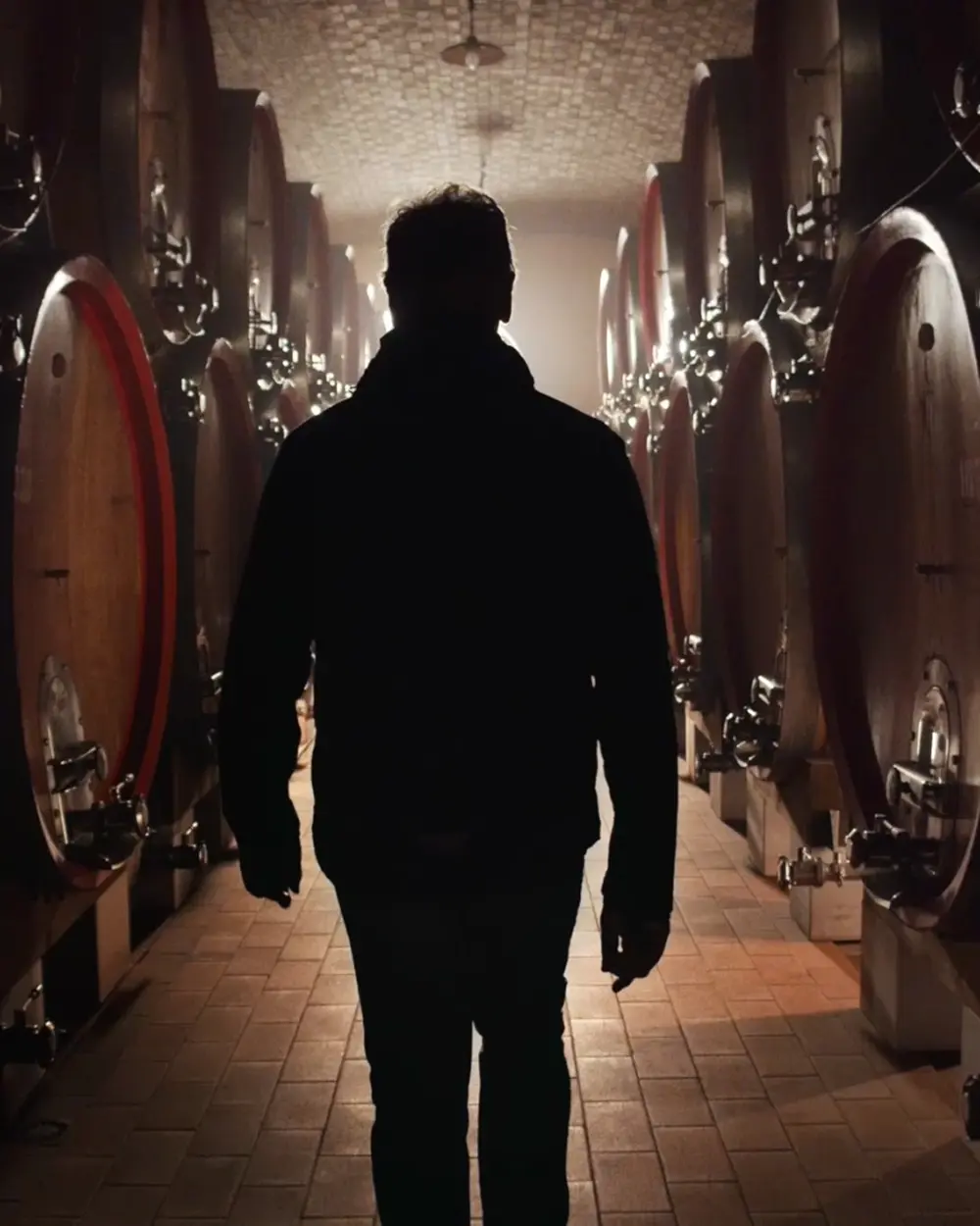 uomo che cammina in cantina in mezzo alle botti di vino